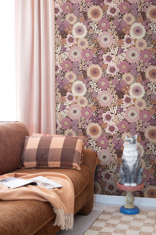 ESTAhome behang retro bloemen mauve paars en terracotta roze - 53 cm x 10.05 m - 131319