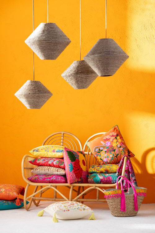 J-Line kussen Vierkant Bloemen + Kwastjes - katoen - oranje - vtwonen shop