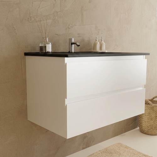 LOMAZOO badmeubelset Verona - met kolomkast & zwarte wastafel - glanzend wit - 80 cm