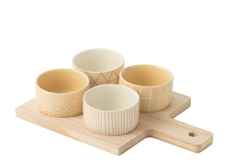 J-Line tapasplank 4 kommen + bambouschaal In Doos - keramiek/hout - wit/creme