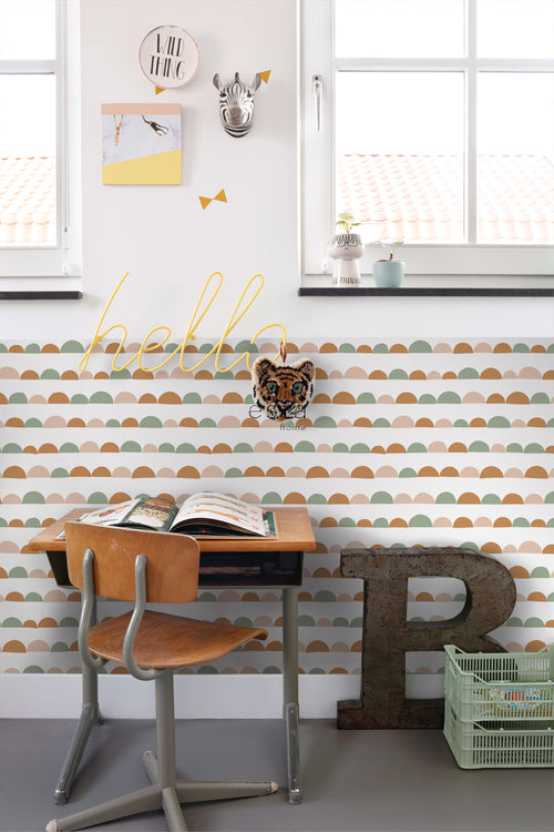ESTAhome behang grafisch motief zacht roze, warm oranje en mintgroen - 53 cm x 10.05 m - 139267