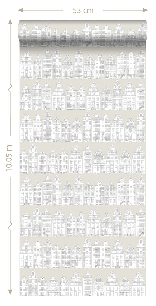 ESTAhome behang getekende Amsterdamse grachtenhuisjes lichtgrijs - 53 cm x 10.05 m - 138909