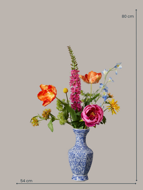 Madame Fleurie Floral Symphony Boeket inclusief Vaas – Luxe Zijden bloemen Tulpen, Delphinium & Pioenroos – Hollandse Meesterstijl - 15cm x 31m