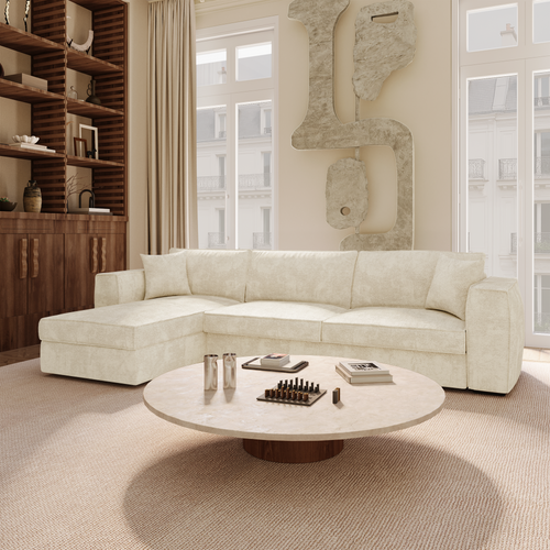 Premium Interiors - Hoekbank (links) MIKA - zacht aanvoelende geweven stof crème 292cm