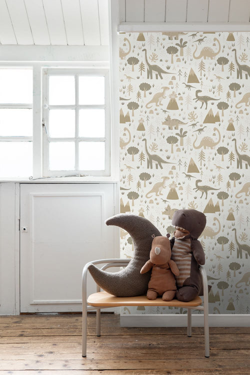 ESTAhome behang dinosaurussen beige en taupe - 53 cm x 10.05 m - 131354