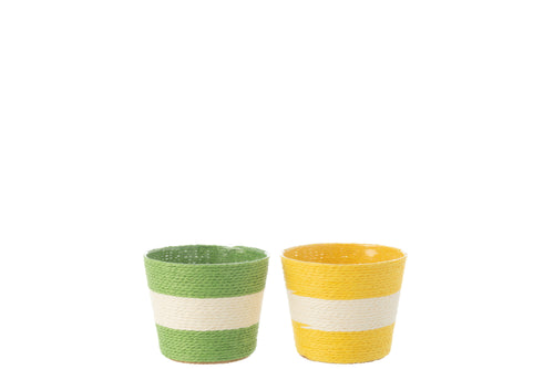 J-Line bloempot Touwtjes Streep - papier - geel/groen - extra small - 2 stuks - Ø 11.5 cm - vtwonen shop