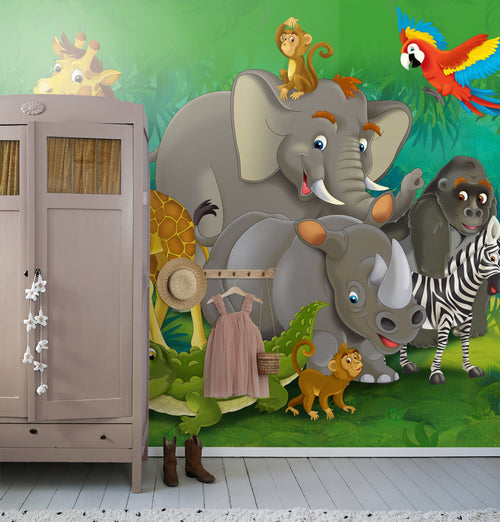 Sanders & Sanders fotobehang jungle dieren groen, grijs en geel - 375 x 270 cm - 600535