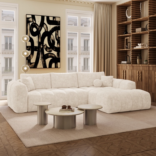 Premium Interiors - Rechthoekige hoekbank met slaapfunctie en opbergruimte SKY - gewaafd fluweel crème 310cm