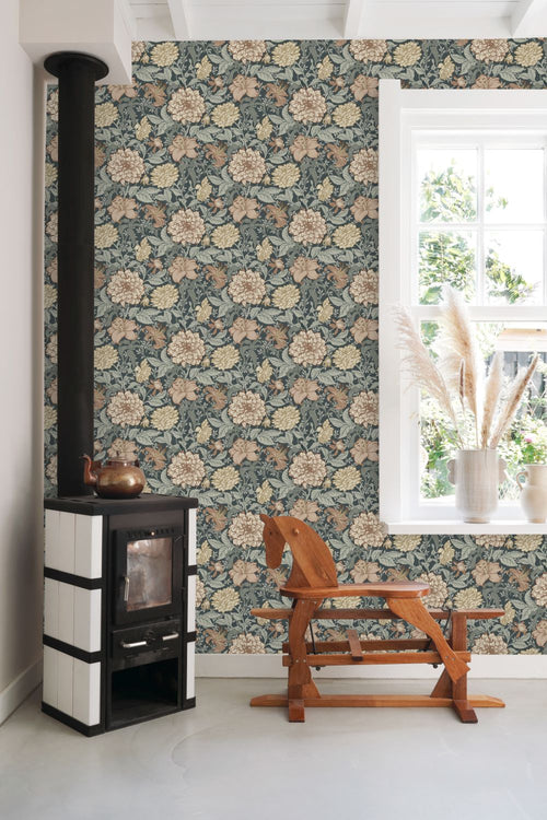 ESTAhome behang vintage bloemen donkerblauw - 53 cm x 10.05 m - 139641