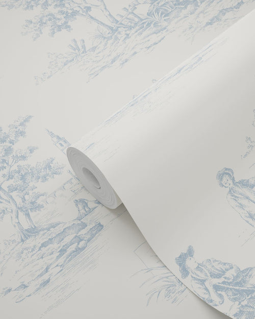 ESTAhome behang toile de jouy print lichtblauw en wit - 50 x 900 cm - 132109