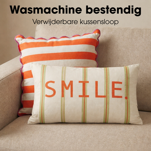 Mica Decorations Smile Sierkussen - Kussen met Kussenhoes - Woondecoratie Woonkamer - 55 x 35 x 10 cm - Katoen - Groen, Off-white, Oranje