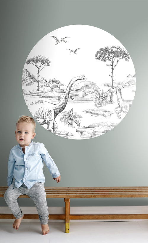 ESTAhome zelfklevende behangcirkel dinosaurussen zwart wit - Ø 70 cm - 159073