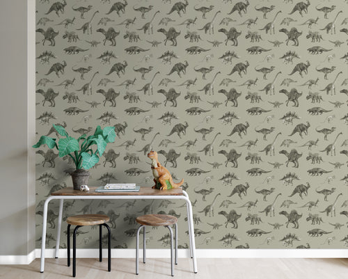 ESTAhome behang dinosaurussen vergrijsd groen - 50 x 900 cm - 131205