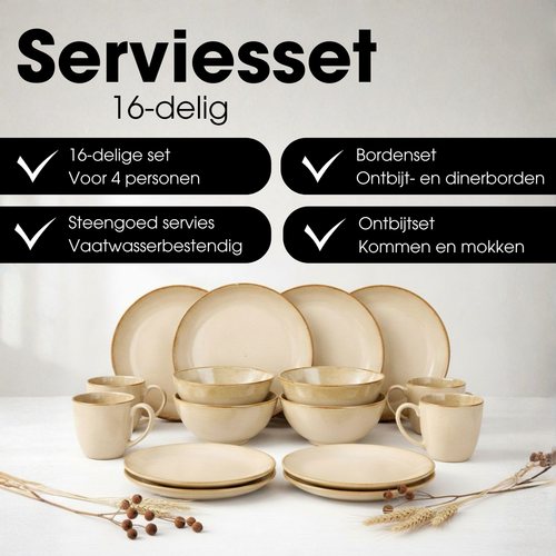 Mica Decorations Racco Serviesset 4 Persoons - Ontbijtborden, Kommen en Mokken en Dinrborden - Steengoed Servies - Vaatwasserbestendige Servies Set -