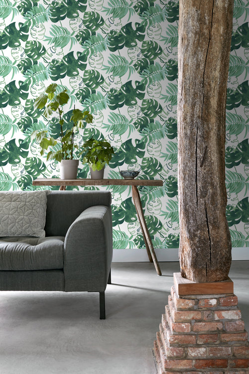 ESTAhome behang geschilderde tropische jungle bladeren smaragdgroen - 53 cm x 10.05 m - 138886