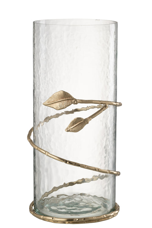 J-Line vaas Blad - glas/ijzer - transparant/goud - 40 cm hoog