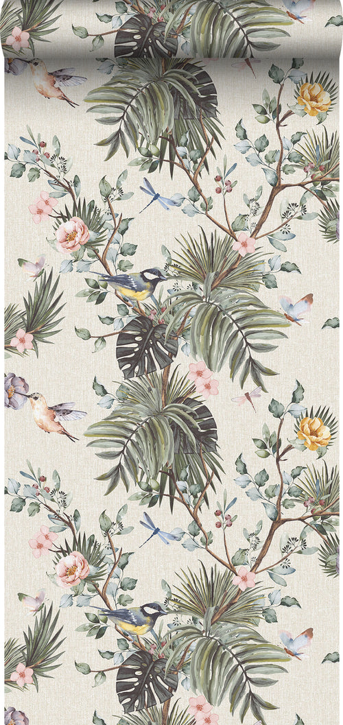 Sanders & Sanders behang tropische jungle bladeren en paradijsvogels vergrijsd groen - 53 cm x 10 m - 640002 - vtwonen shop