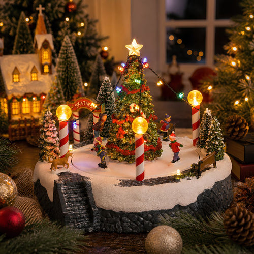 Luville Kerstdorp Kerstboomscène met Schaatsbaan - Kerstversiering met Bewegende Figuren en LED-verlichting - Guirlande op Batterijen - Kerstslingers