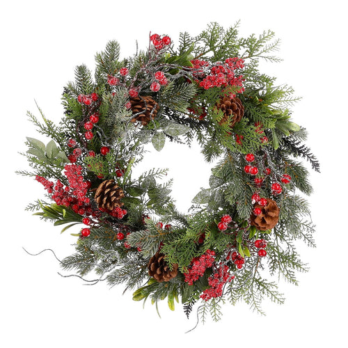 Mica Decorations Randell Kerstkrans - Kerstversiering met besneeuwd effect - Deurkrans eenvoudig op te hangen - Decoratie met besjes en dennenappels -