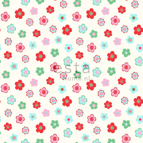 ESTAhome behang vintage bloemetjes lichtblauw, groen en rood - 53 cm x 10.05 m - 138726