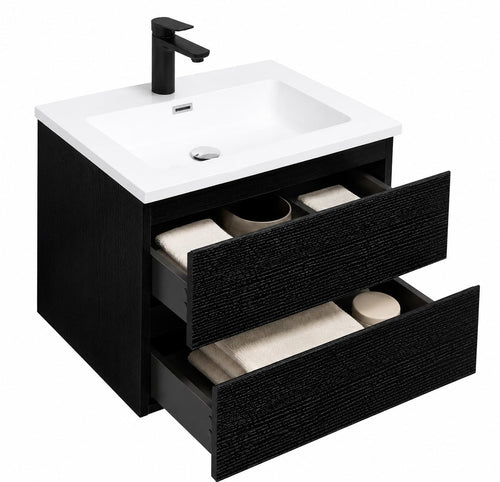 Badplaats Badkamermeubel Set Angela 60 cm – Zwart Houtnerf – Badmeubel met Wastafel