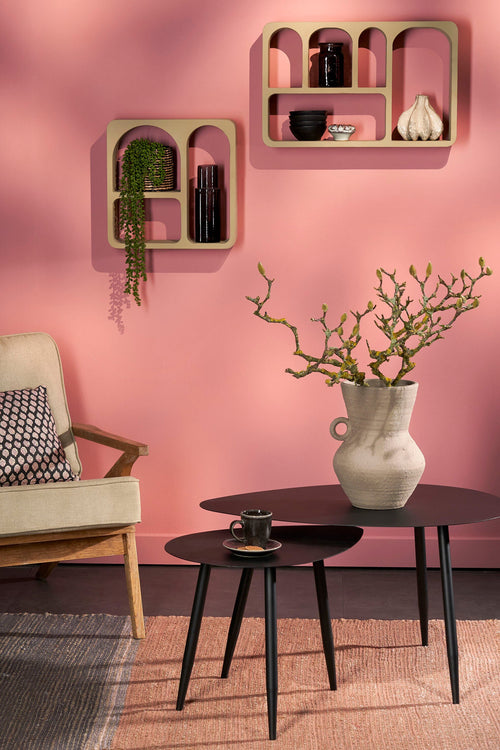 Mica Decorations Bijzettafel Set van 2 - Salontafel Zwart met Druppelvormig Blad - Ronde Tafel voor Binnen - Slim Stapelbaar Nachtkastje - L80 x B60 x