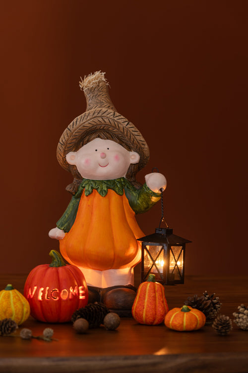 J-Line decoratie Pompoen - keramiek - oranje - small - 2 stuks