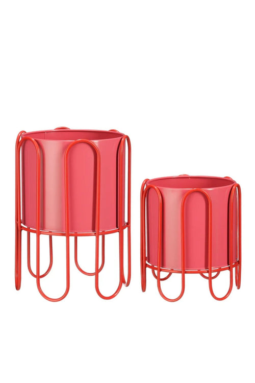 Mica Decorations Dione Bloempot op Standaard - Set van 2 - H35 x Ø26 cm - Metaal - Rood, Roze