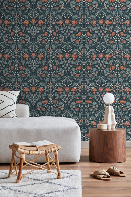 ESTAhome behang vintage bloemen in art nouveau stijl donkerblauw en terracotta - 50 x 900 cm - 131182