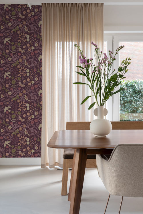 ESTAhome behang bloemen en vogels aubergine paars - 0.53 x 10.05 m - 131639