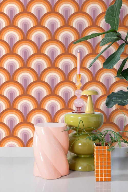 ESTAhome behang art deco bogen oranje en paars - 50 x 900 cm - 131772