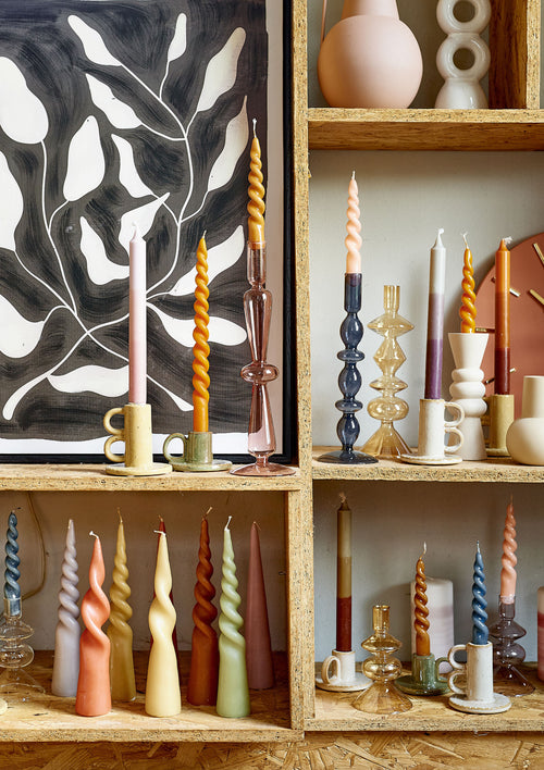 Mica Decorations Twist Kaars - Set van 2 - H15 cm - Lichtbruin, glanzend