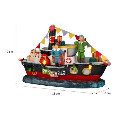 Luville Pakjesboot Small - Miniatuur Kerstdorp Decoratie met Verlichting - Werkt op Batterijen voor Flexibele Plaatsing - Gemaakt van Polyresin - L13