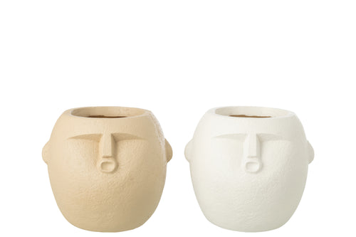 J-Line bloempot - polyresin - wit/beige - medium - 2 stuks