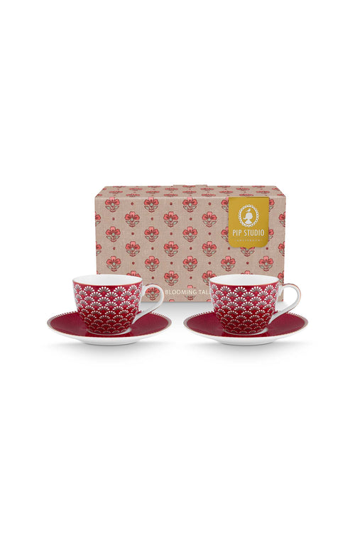 Pip Studio - Blooming Tales Dark Red - Set van 2 Espressokoppen en Schotels - 120ml