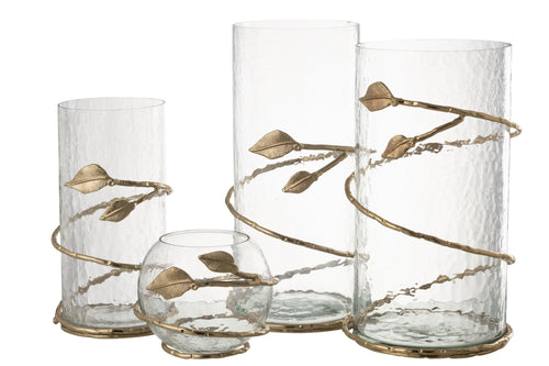 J-Line vaas Blad Schaal -  glas/ijzer -transparant/goud - Ø 10 cm