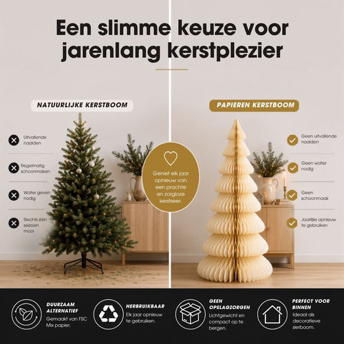 Mica Decorations Papieren Kerstboom - Opvouwbare Kunstkerstboom - H160  x Ø75cm - Kerst Decoratie - FSC Mix - Off-White/Goud
