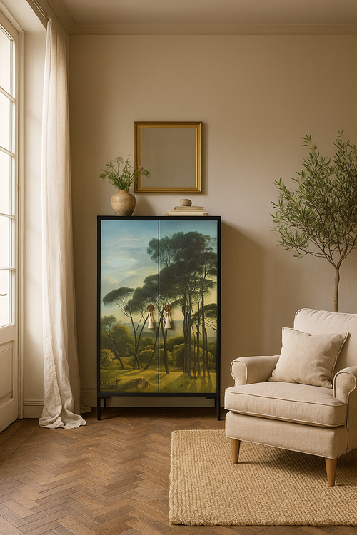 Dressoir van MDF met 2 decoratieve deuren, motief in natuurlijke groentinten