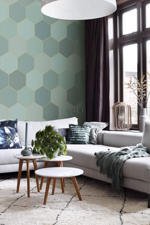 ESTAhome fotobehang hexagon zeegroen en petrolblauw - 150 x 279 cm - 158958 - vtwonen shop