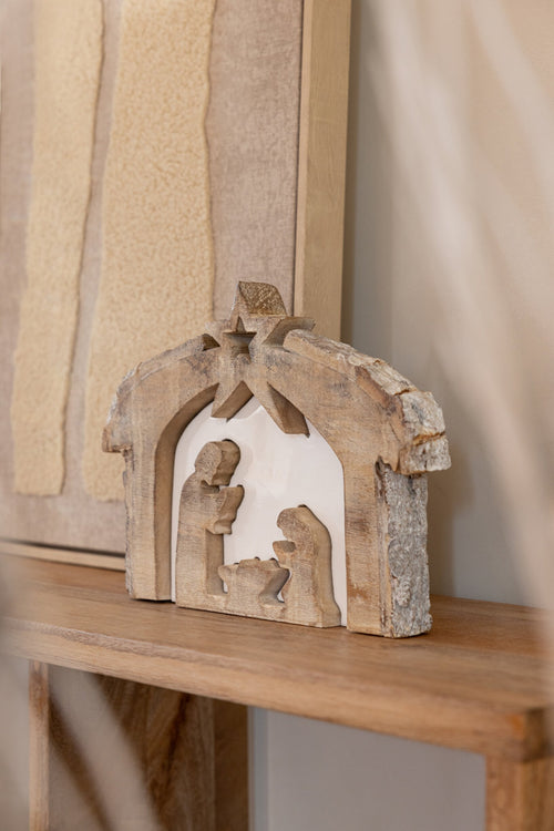 J-Line Kerststal - mangohout - naturel/wit - small