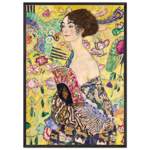 Artfulprints Poster met Lijst Gustav Klimt - Lady with a fan   - 70x100 cm - Geel