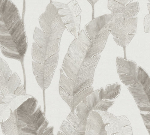 Livingwalls behang bladeren wit, beige en grijs - 53 cm x 10.05 m - AS-392185