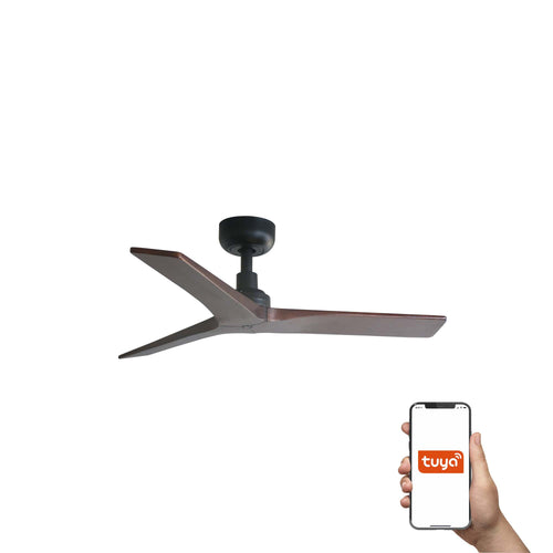 Faro Klim Kleine plafondventilator met 3 bladen, matzwart, walnoot E27 Tuya Smart System