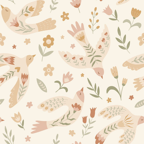 ESTAhome behang bloemen en vogels beige - 50 x 900 cm - 131754