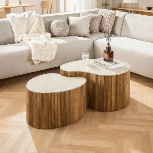 Giga Meubel Salontafel Nuovo - Niervormig Beige/Hout - Set van 2