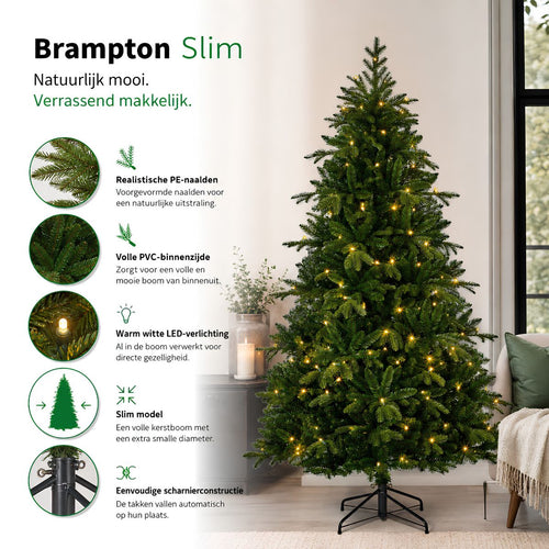 Black Box Trees Brampton Kerstboom met Verlichting - Kunstkerstboom Slank met 180 LED Lampjes en Scharnierconstructie - Kerstversiering voor Binnen -