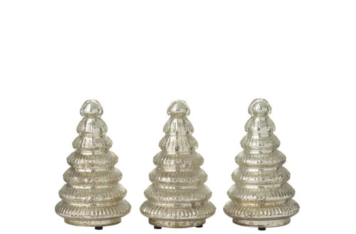 J-Line decoratie Boom Geribbeld - glas - zilver - doos van 3 - LED lichtjes