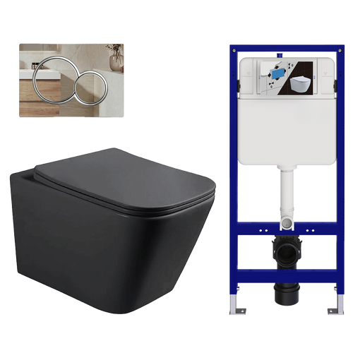 LOMAZOO hangtoiletset Linea - met inbouwreservoir & ronde drukplaat - vierkant - chroom / zwart