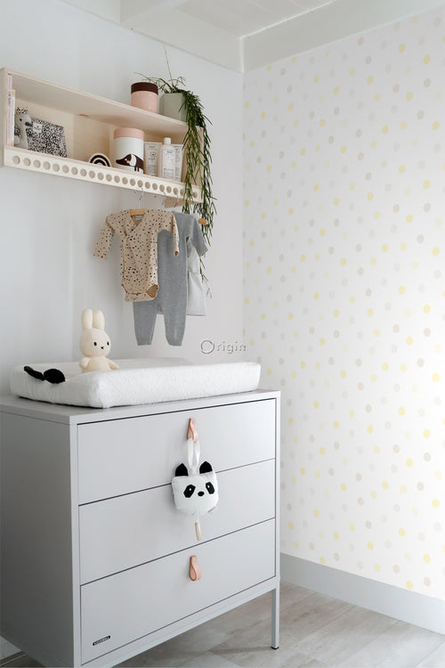 Origin Wallcoverings behang stip pastel geel, licht warm grijs en licht crème beige - 53 cm x 10,05 m - 347512 - vtwonen shop