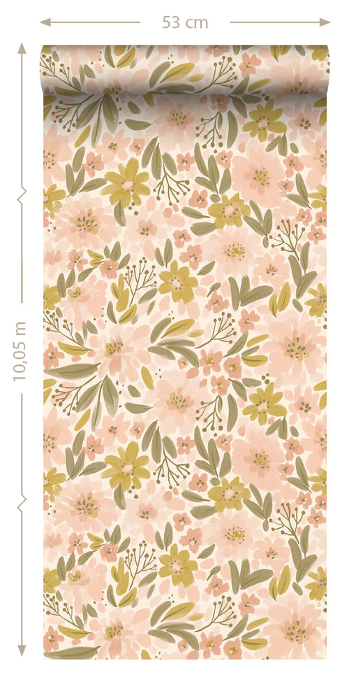 ESTAhome behang bloemen zacht roze, okergeel en vergrijsd groen - 50 x 900 cm - 130924 - vtwonen shop